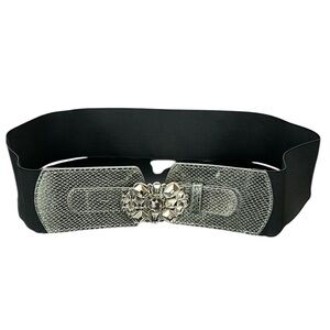 Vtg New York & Co Black/Silver Elastic Belt Bling Rhinestone Buckle L/XL